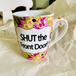Pier 1 Coffee Mug “Shut the front door” Paisley Green Pink Green Yellow Orange